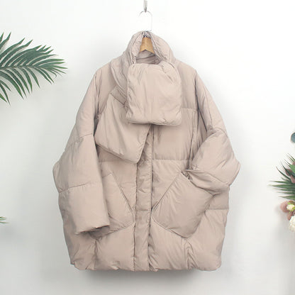 Women's down coat with scarf, medium length, loose fit