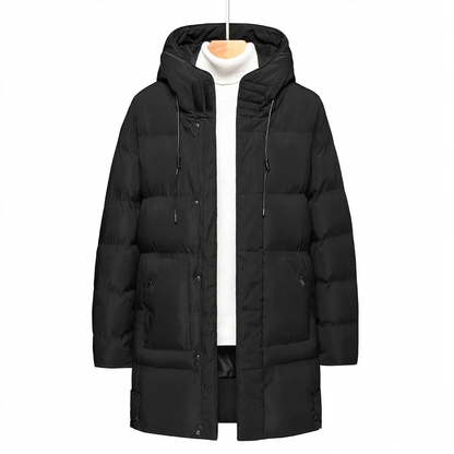 Long men's hooded jacket, lined, windproof