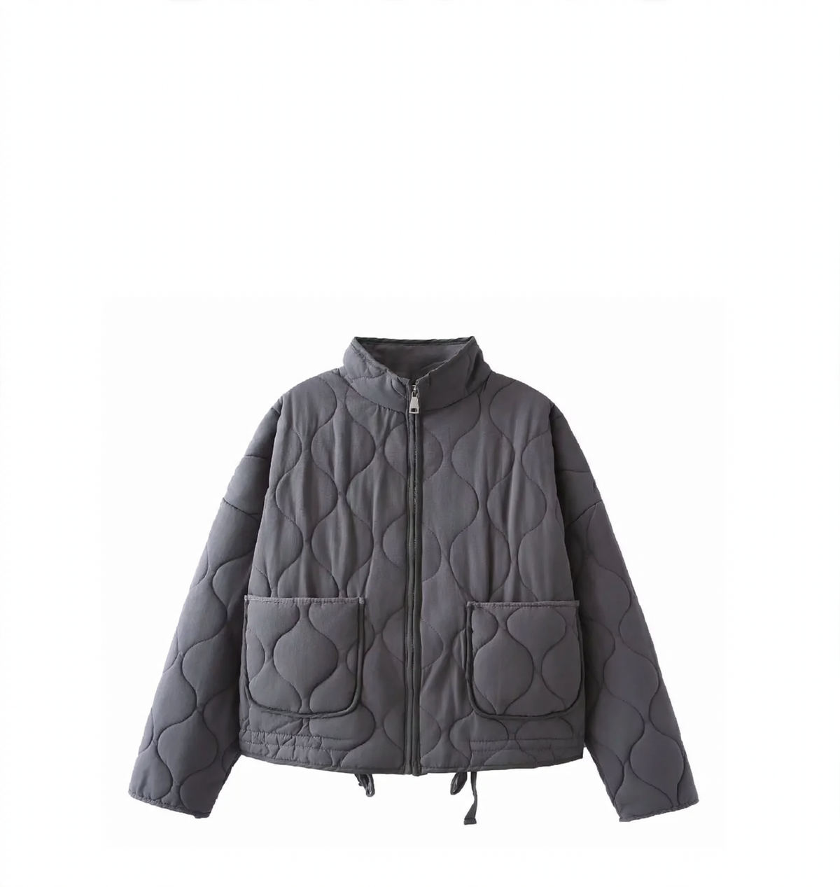 Women's quilted jacket with standing collar and tie belt