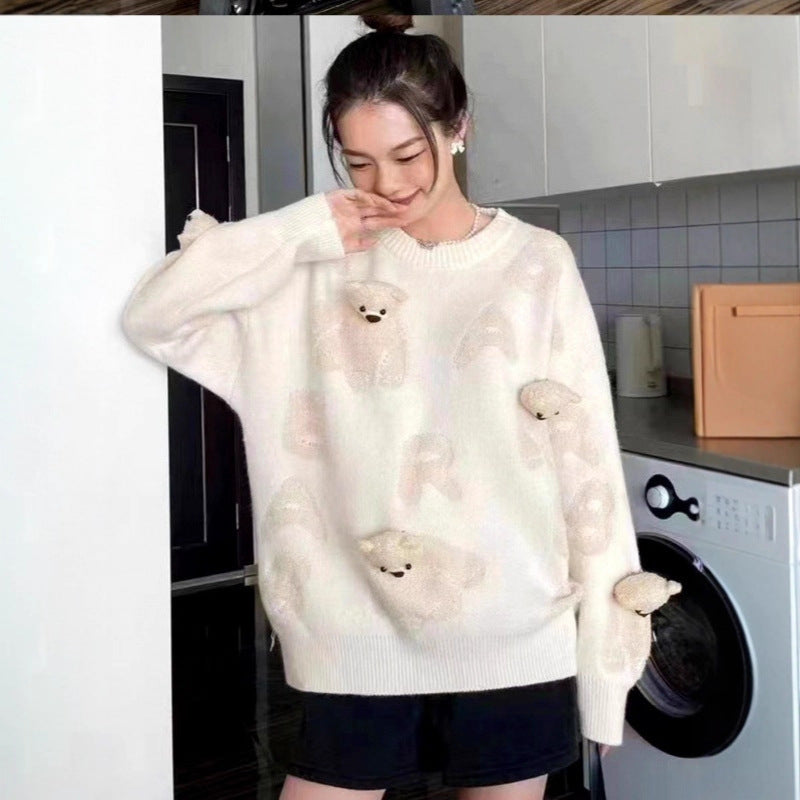 Soft knit sweater with removable bear motif
