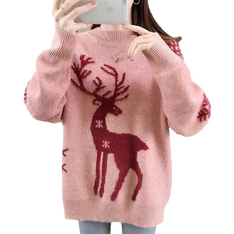 Christmas knitted sweater with reindeer motif, stand-up collar