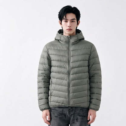 Light men's down jacket, short, with hood