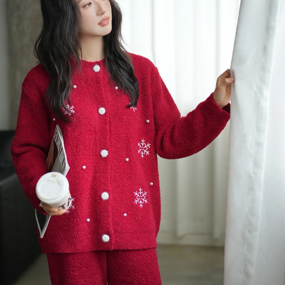 Soft Flannel House Suit Set, Red, Winter