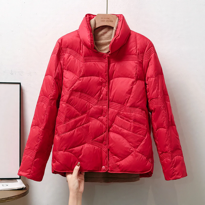 Short women's down jacket with standing collar