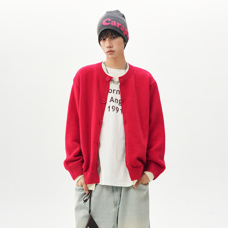 Men's knit sweater with Henley neckline, red