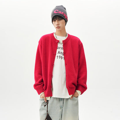 Men's knit sweater with Henley neckline, red