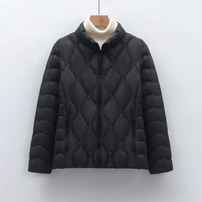 Light women's down jacket with stand-up collar and wave pattern