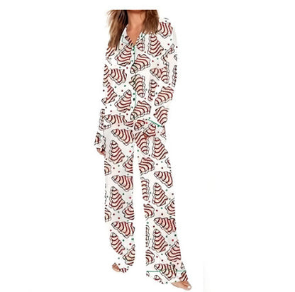 Women's pajamas with Christmas tree print, long sleeve