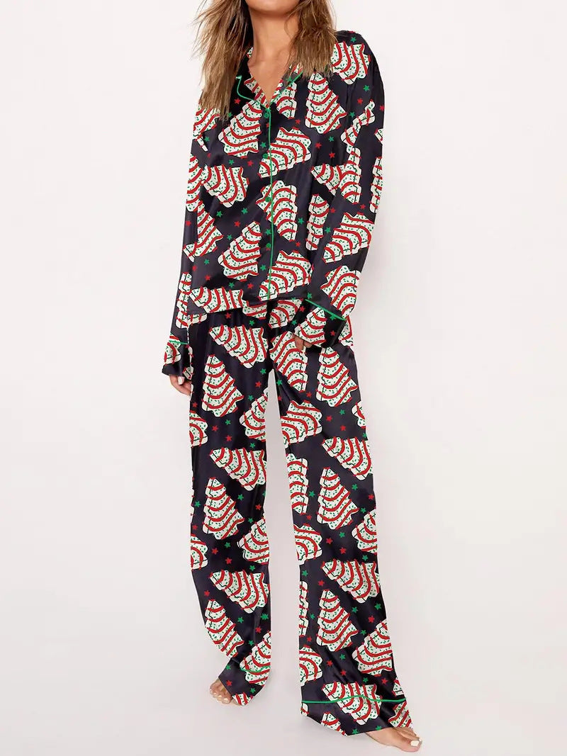 Women's pajamas with Christmas tree print, long sleeve