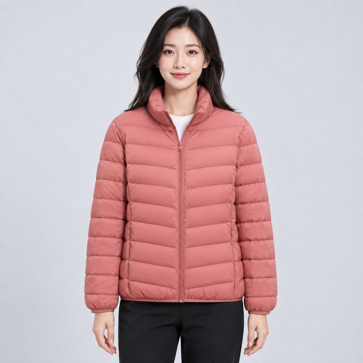 Light women's down jacket with stand-up collar