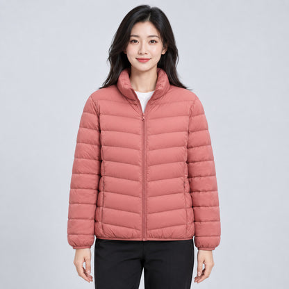 Light women's down jacket with stand-up collar