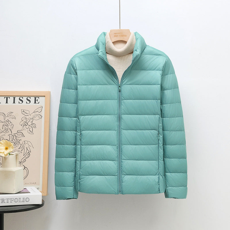 Women’s down jacket, lightweight, stand collar, short