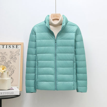 Women’s down jacket, lightweight, stand collar, short