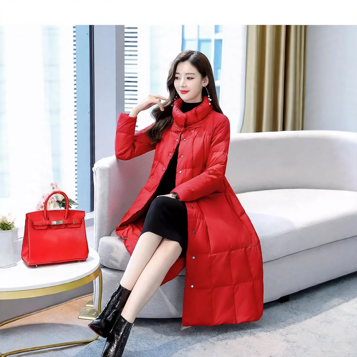 Women's down coat in A-line, mid-length, stand collar