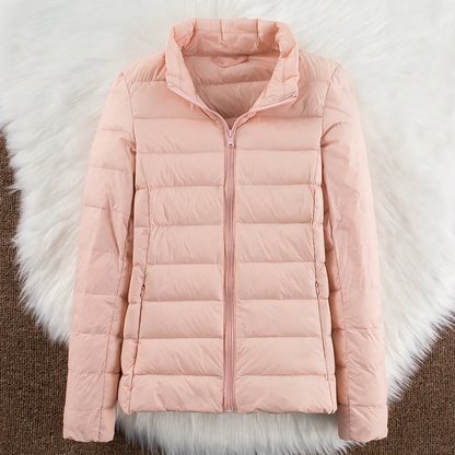Light women's down jacket with hood and stand-up collar