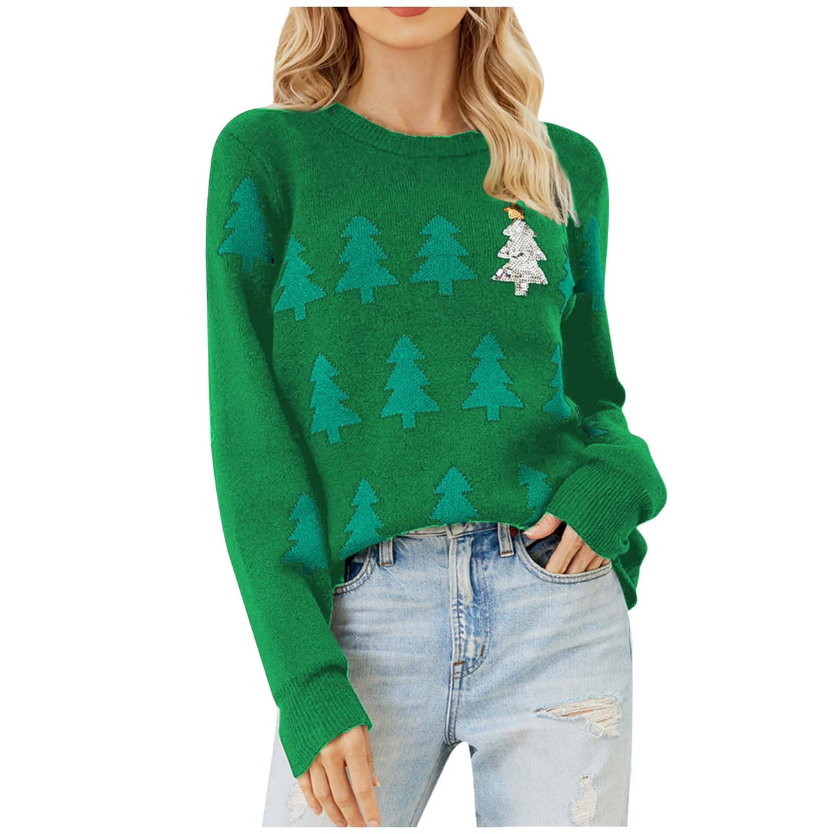 Women's Christmas Sweater with Christmas Tree Jacquard