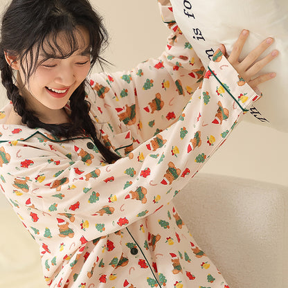 Women's cotton pajamas, long-sleeved, with shawl collar