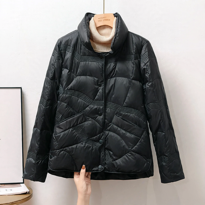 Short women's down jacket with standing collar