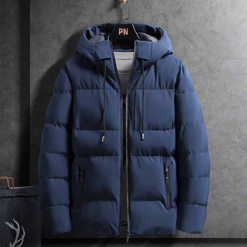 Padded men's winter jacket with hood, solid color