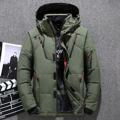 Padded men's down jacket with many pockets