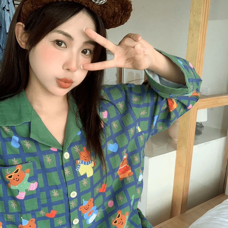 Women's Pajama Set made of cotton blend fabric with check pattern