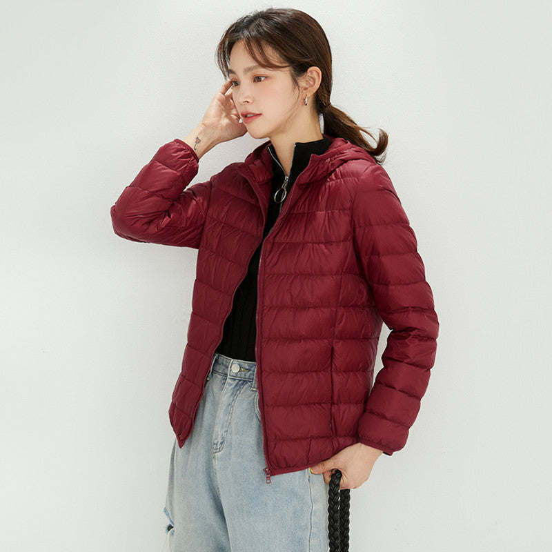 Light women's down jacket with stand-up collar