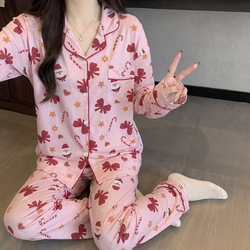 Women's house suit, long-sleeved, with Christmas cartoon print