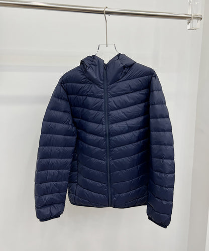 Light men's down jacket, short, with hood