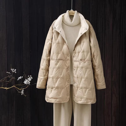 Women's down jacket, reversible, lightweight, mid-length
