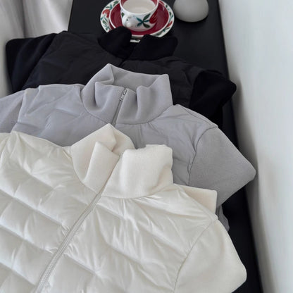 Light down jacket with fleece inserts and stand-up collar