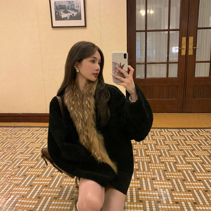 Lamb fleece coat with raccoon fur collar