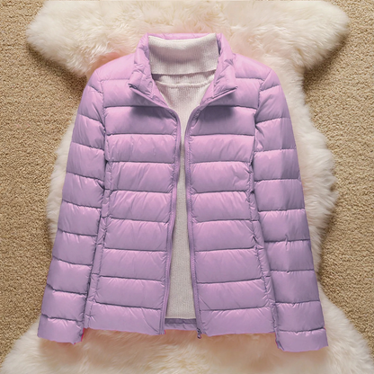 Short women's down jacket with standing collar