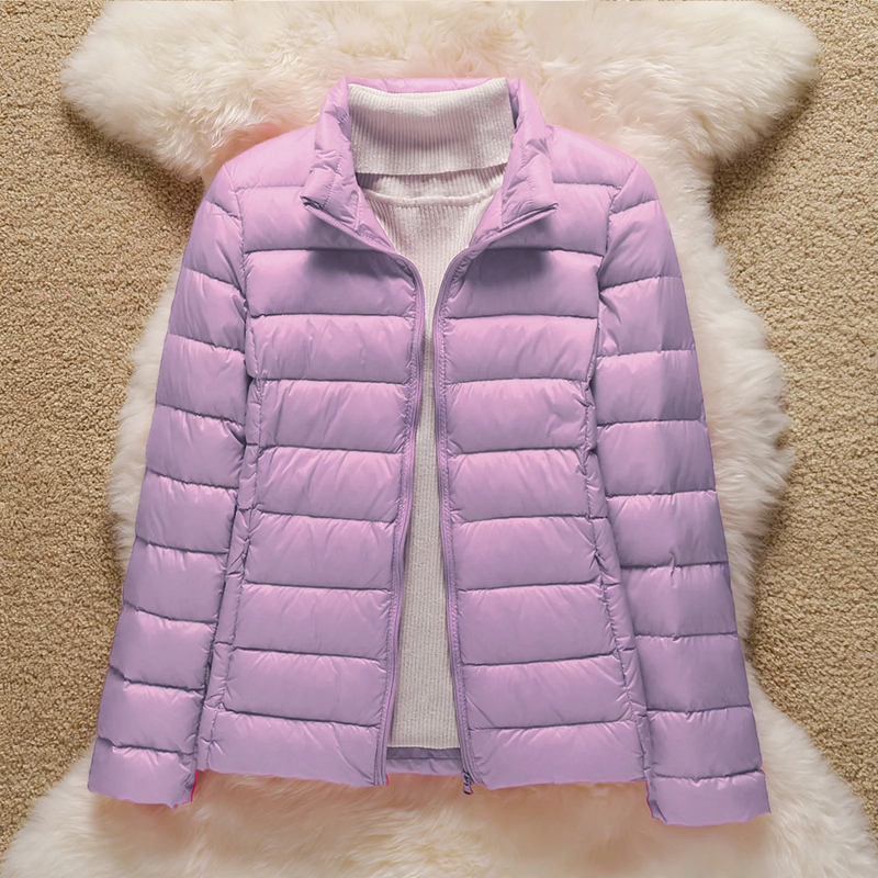 Short women's down jacket with stand-up collar