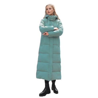Longer, fitted women's winter coat with hood