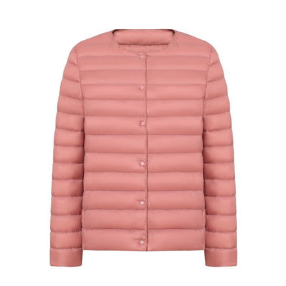 Light women's down jacket, collarless, short