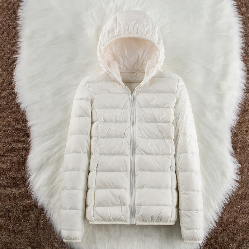 Light women's down jacket with hood and stand-up collar
