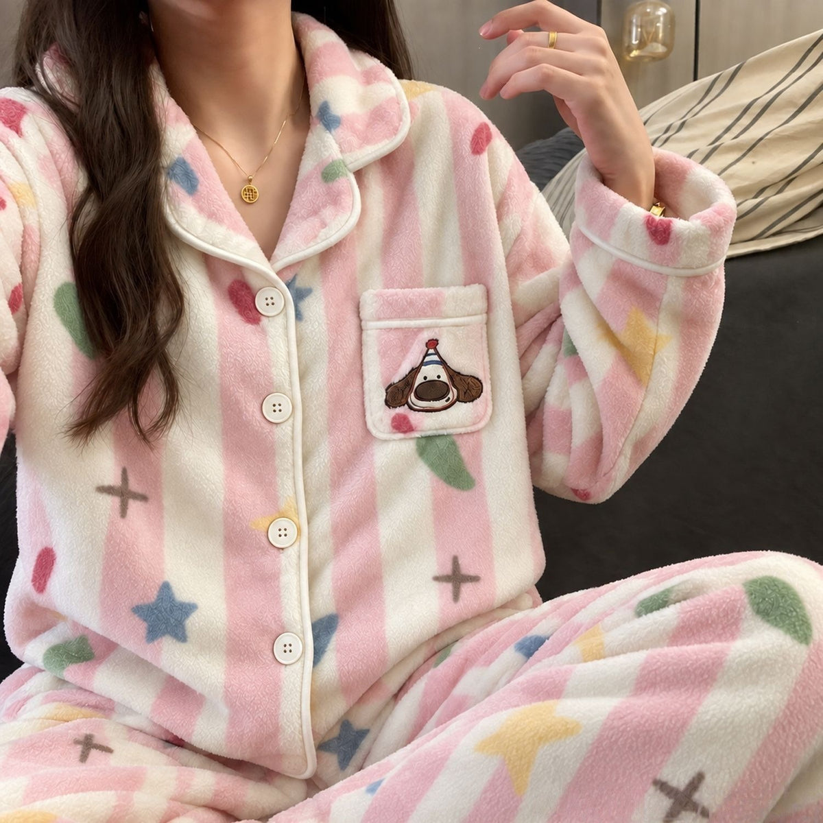Women's flannel pajama set, lined, winter loungewear