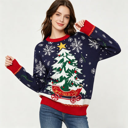 Christmas knit sweater with tree jacquard