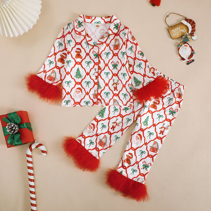 Girl's Pajama Set with Bow and Christmas Print
