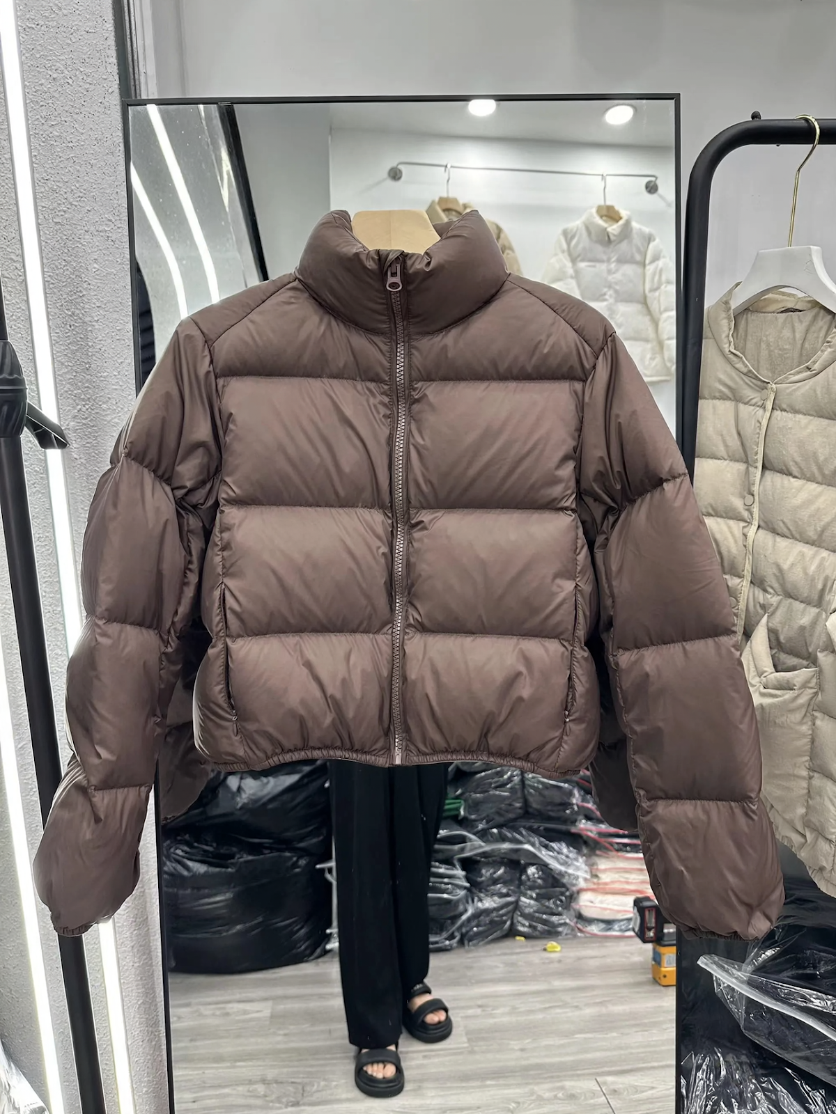 Women’s down jacket, short, white duck down, stand-up collar