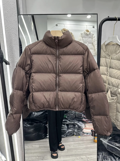 Women’s down jacket, short, white duck down, stand-up collar