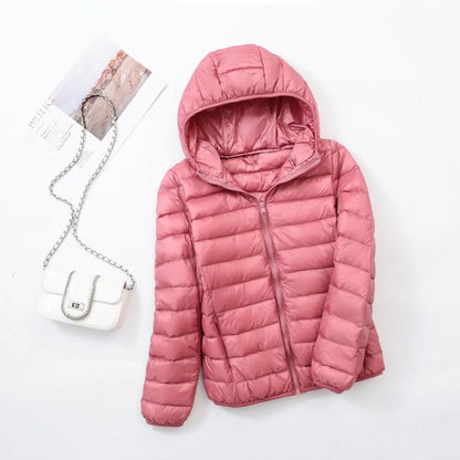 Light women's down jacket with hood, slim fit