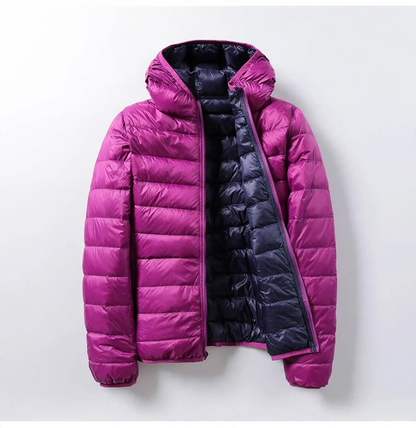 Reversible women's down jacket with hood, lightweight and short