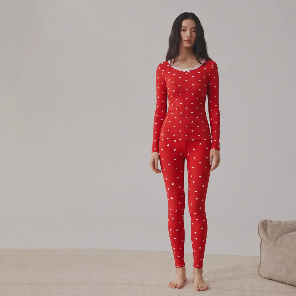 Women's Thermal Set, Cotton, Crew Neck, Printed