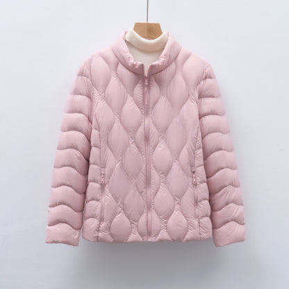Light women's down jacket with stand-up collar and wave pattern