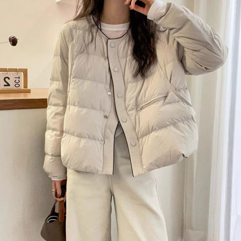Women's down jacket with round neck and button placket