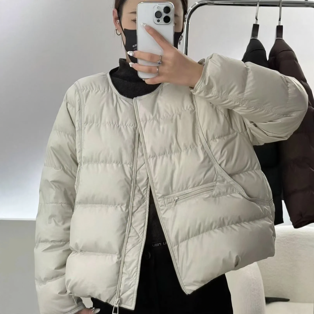 Short women's down jacket, round neckline, lightweight