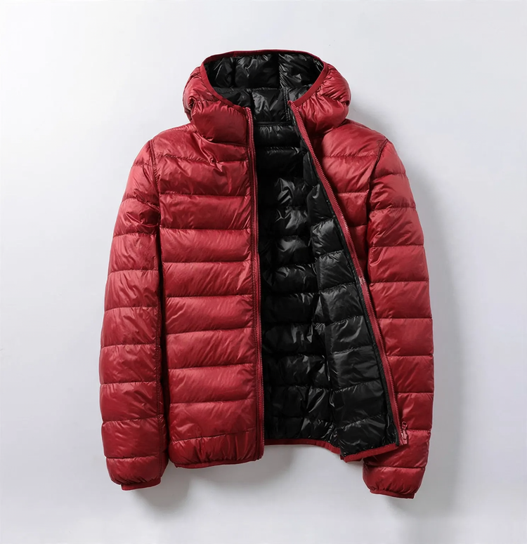 Reversible women's down jacket with hood, lightweight and short