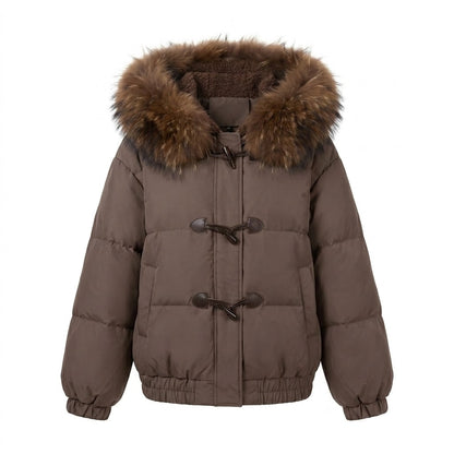 Women's nano short thermo bomber with detachable faux fur collar and teddy hood lining