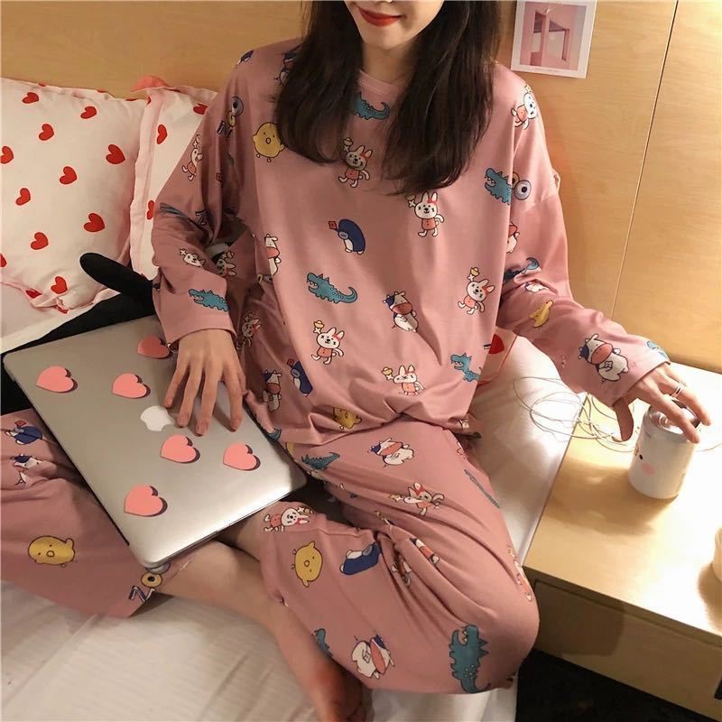 Women's pajama set, long-sleeved with long pants, cartoon design